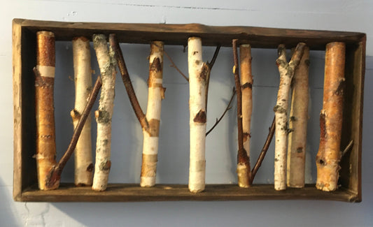 birch pole wall decor, rustic decor,  framed wall art, 3d shadow box, birch branch decor, inspired by nature