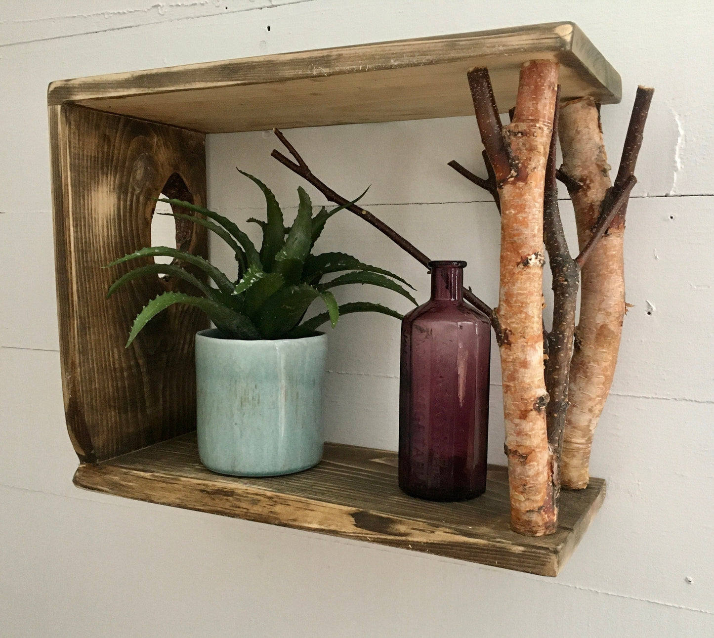 Rustic birch shelf, rustic decor, black walnut stained shelf