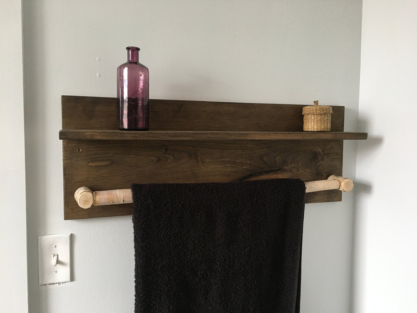 walnut stained towel rack with birch bar, rustic decor, birch pole wall decor, white birch log