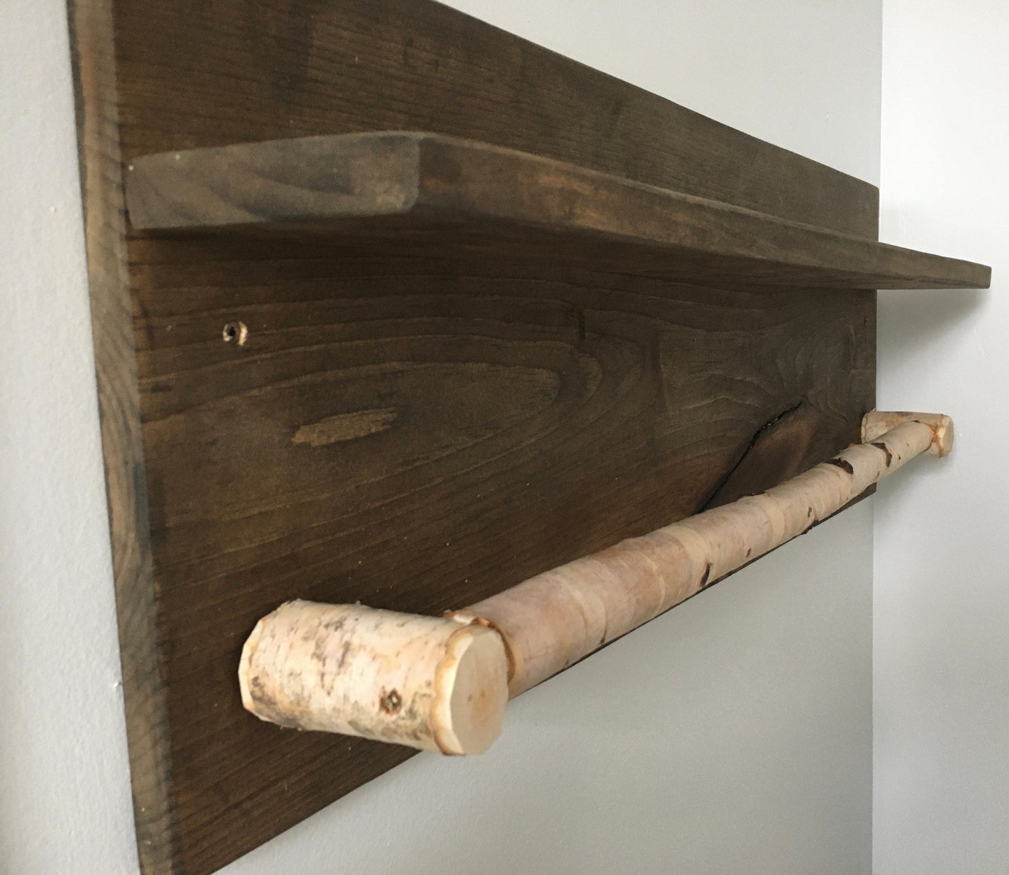 walnut stained towel rack with birch bar, rustic decor, birch pole wall decor, white birch log