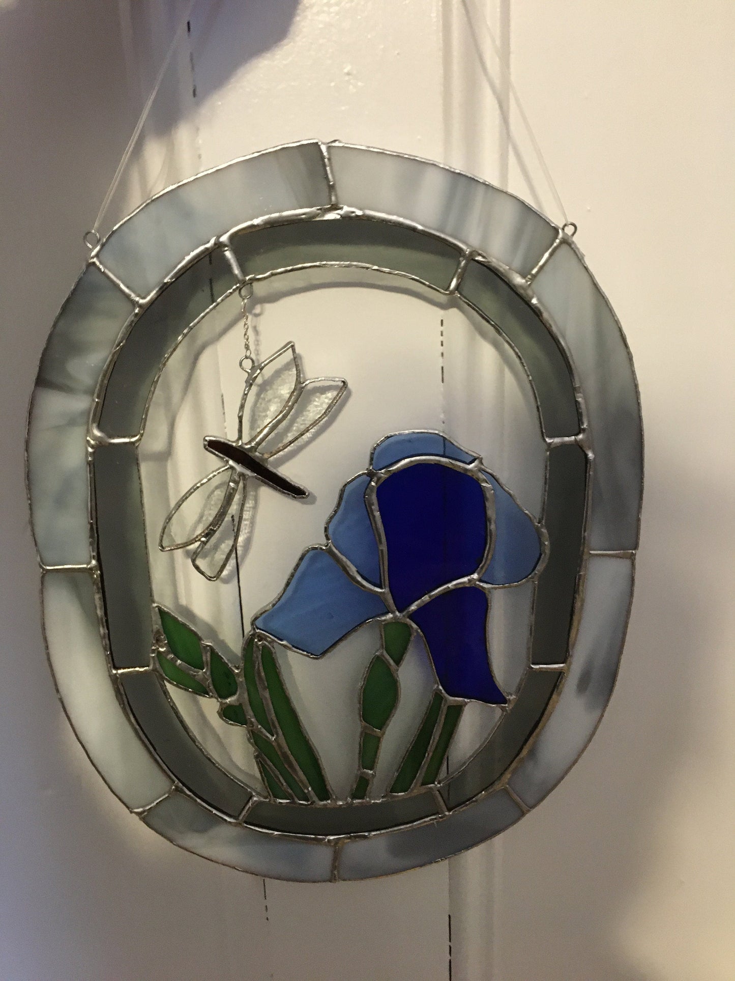 Home decor, handmade home decor, suncatcher, glass home decor, Iris flower, dragonfly stained glass, sun catcher