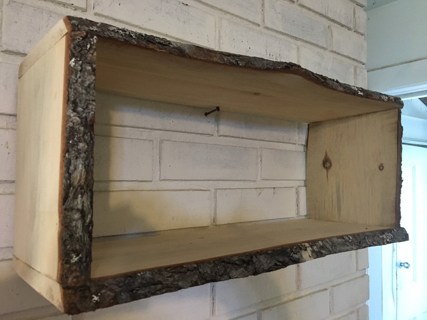 Live edge pine box shelf with the bark left on, great for hanging on the wall or sitting on a dresser