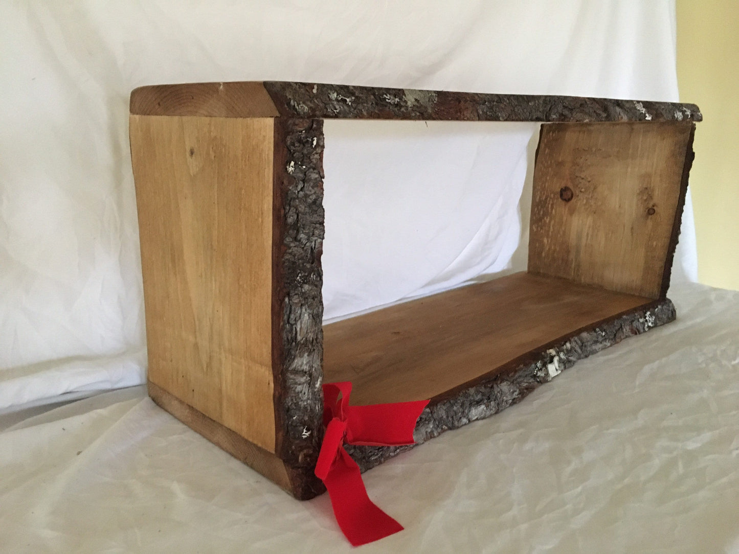 Live edge pine box shelf with the bark left on, great for hanging on the wall or sitting on a dresser